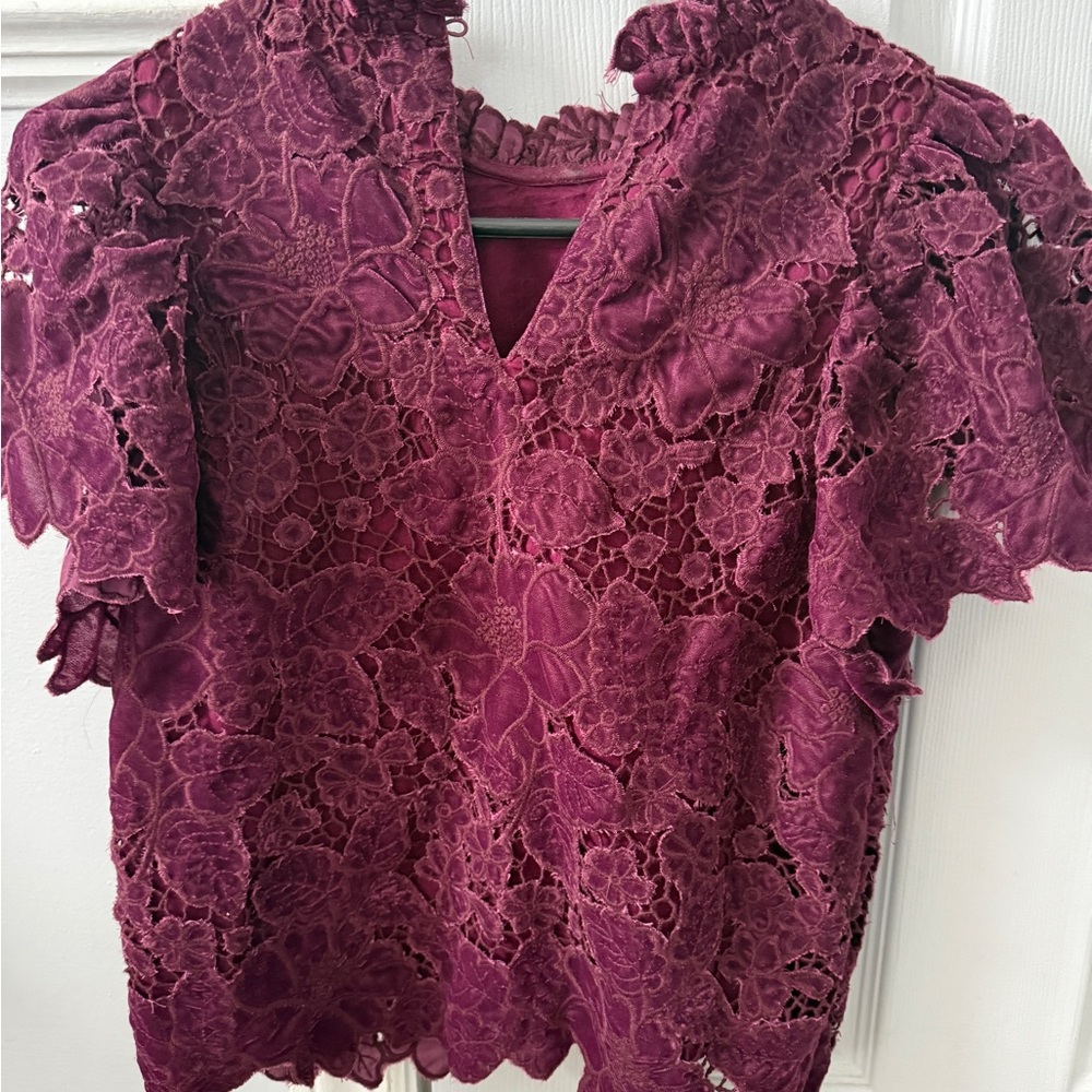 Anthropologie Deep Plum Floral Lace Short Sleeve Top - Picture 2 of 2